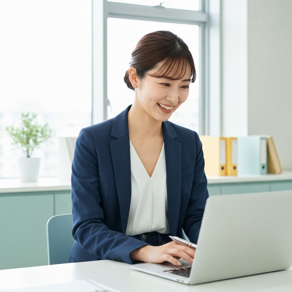 笑顔でノートPCを見ながら話す女性アドバイザー