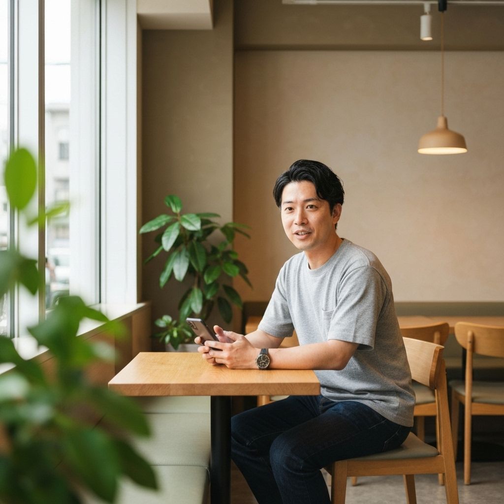 カフェでスマホに向かって話す人物