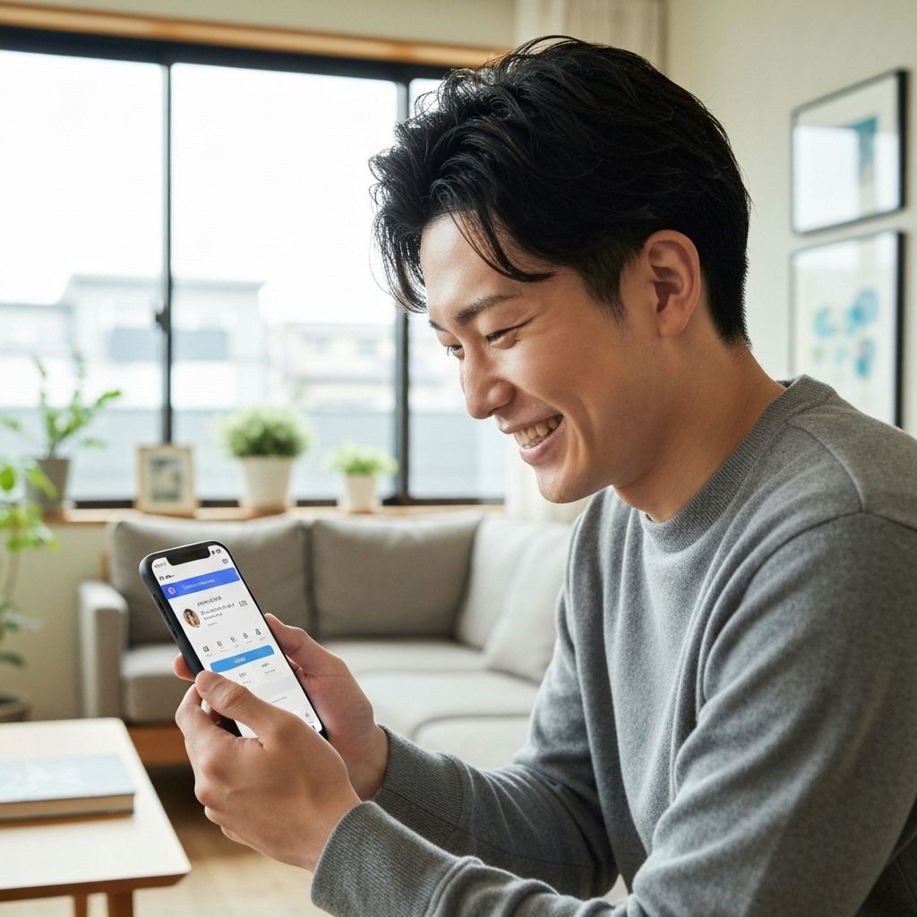 スマホ画面に表示されたフィードバックを見て微笑む人物