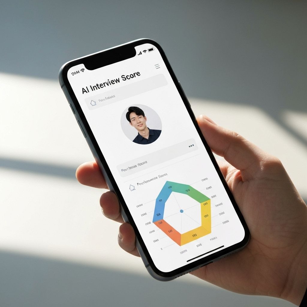 AI面接のスコアリング結果画面を表示したスマートフォンを持つ手