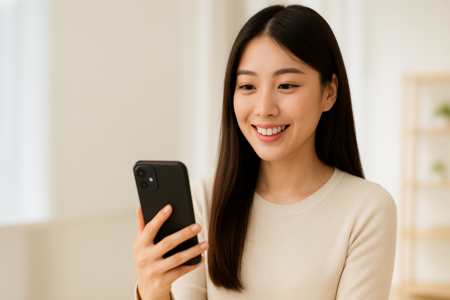 スマートフォンでAI面接を受ける若い日本人女性