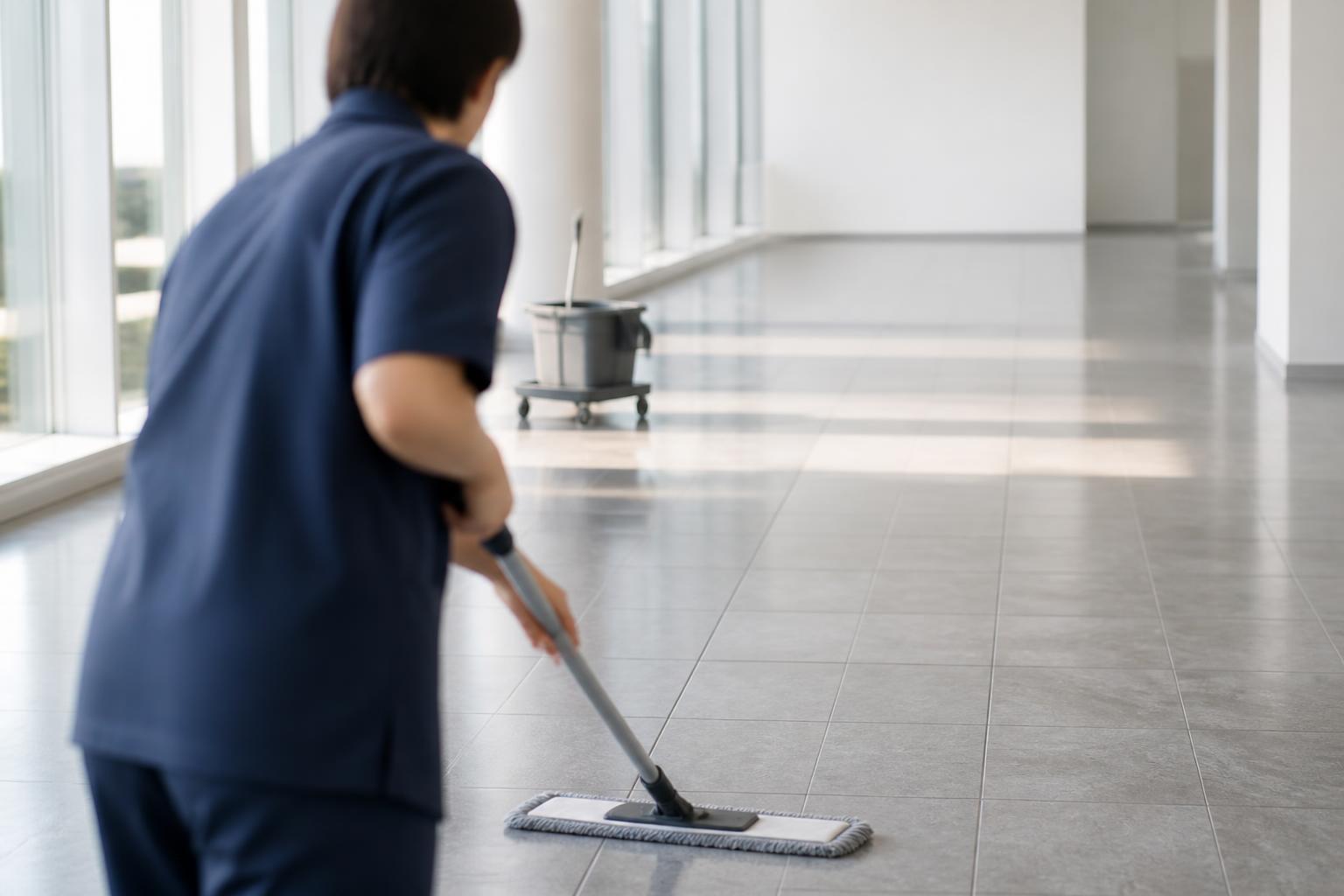 広いフロアで作業する制服の清掃スタッフ