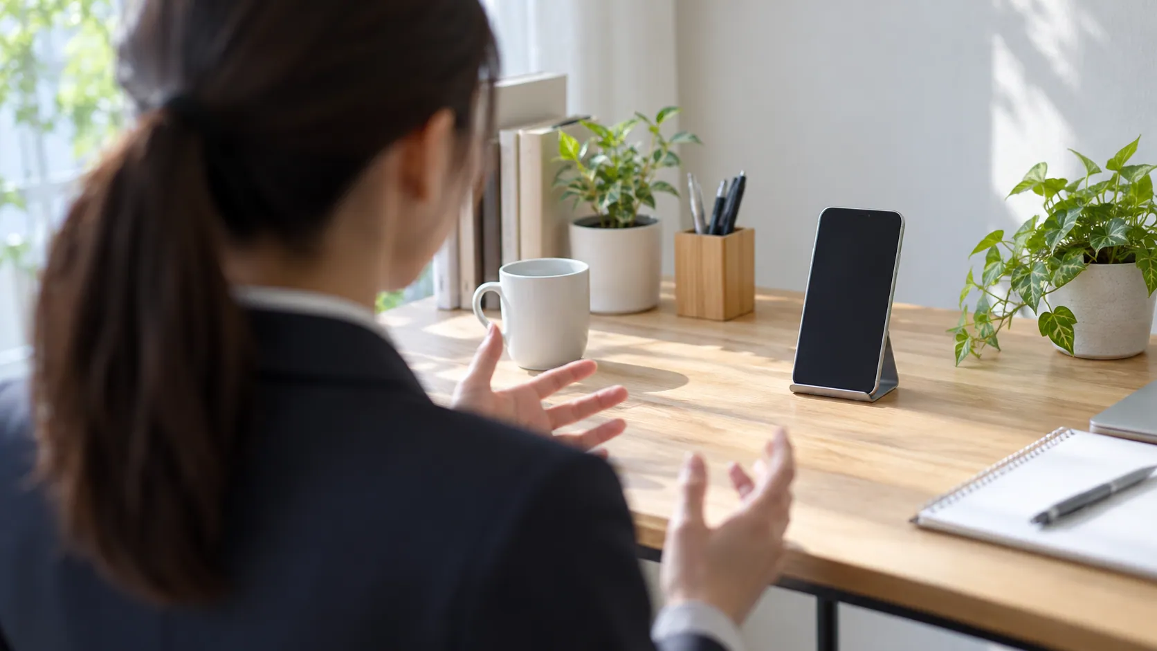 自宅の机に立てかけたスマートフォンに向かって話す候補者