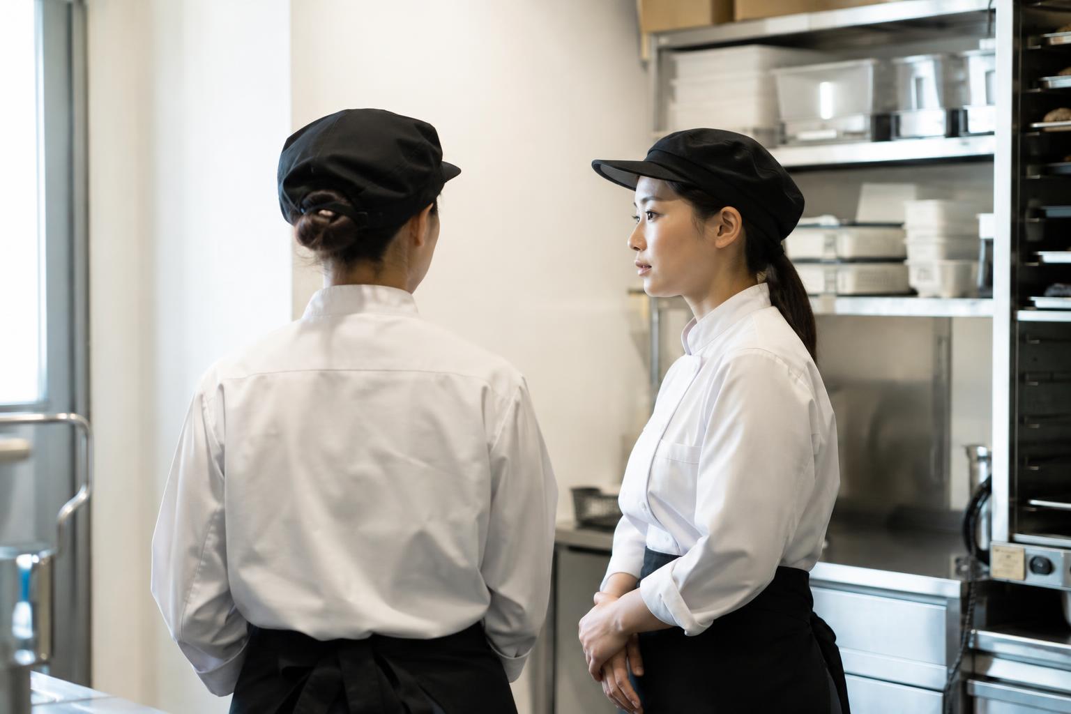 バックヤードで短い打ち合わせをする制服のスタッフ2人
