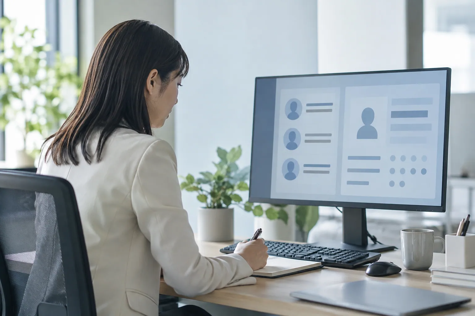 モニターの評価画面を見ながら手元にメモを取る採用担当者
